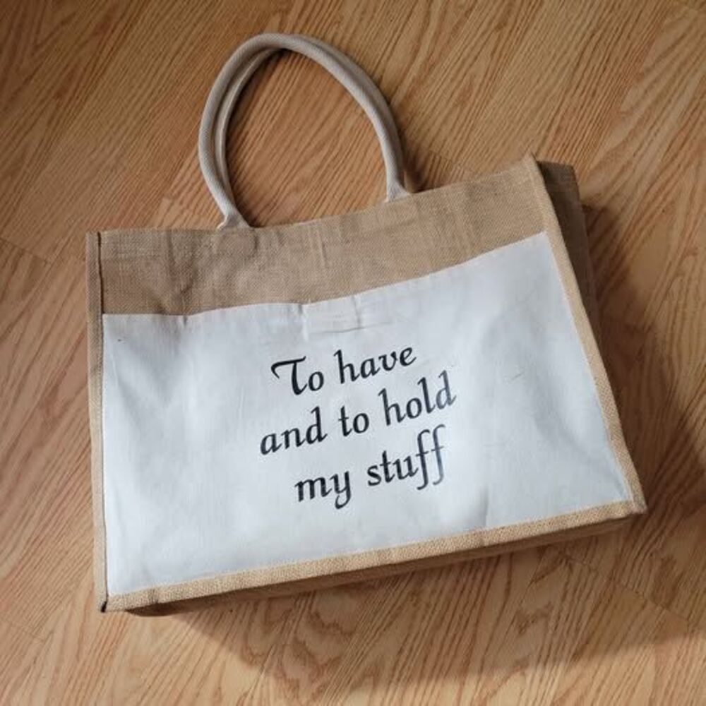 Bride Canvas tote bag wedding day, natural jute with a white canvas pocket
